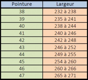 largeur planche par pointure